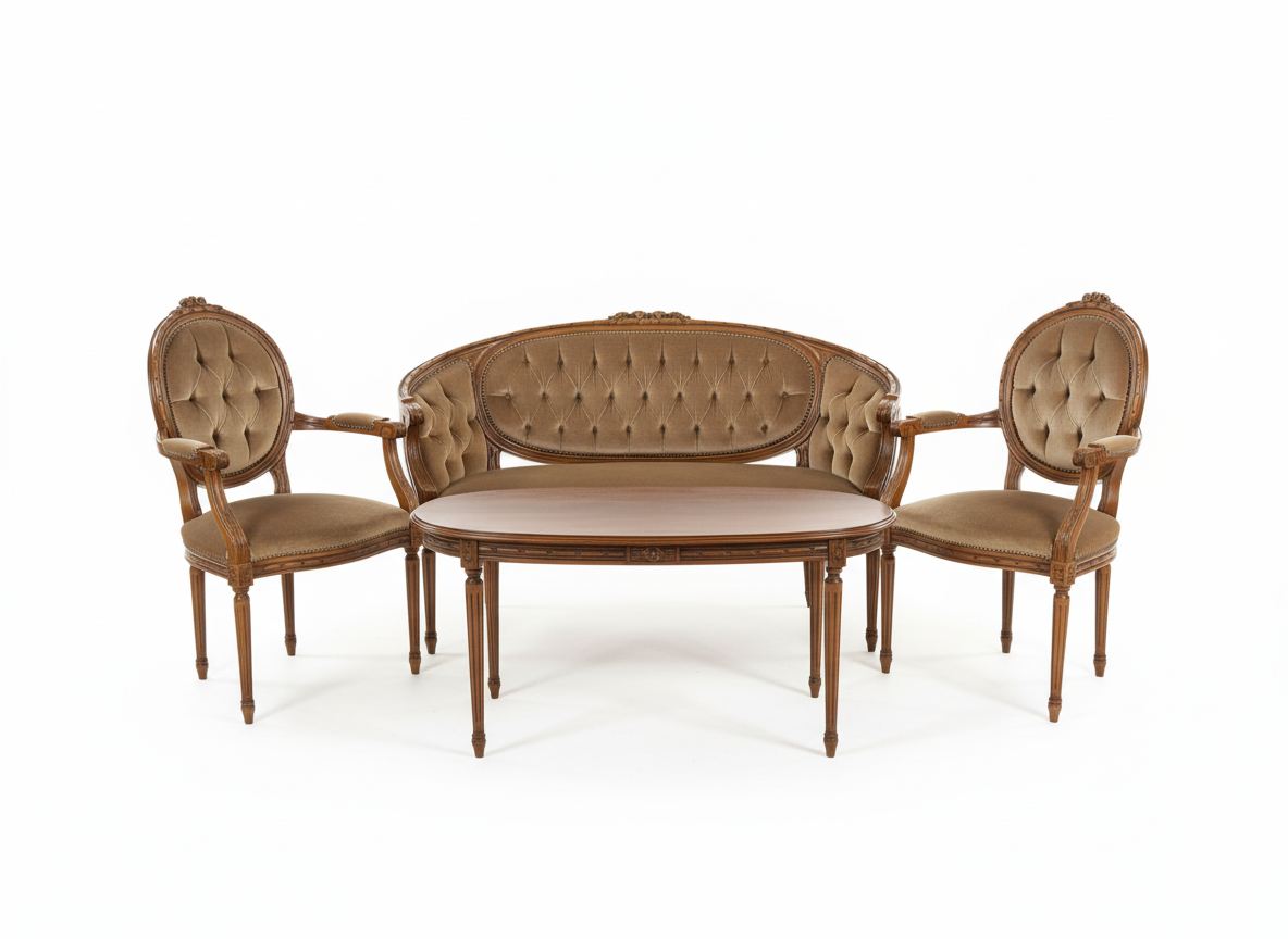 Vintage Elegant European Gustavian Style Living Room Set – Sofa, Armchairs & Table , Louis XVI stil with timeless charm and authentic vintage appeal