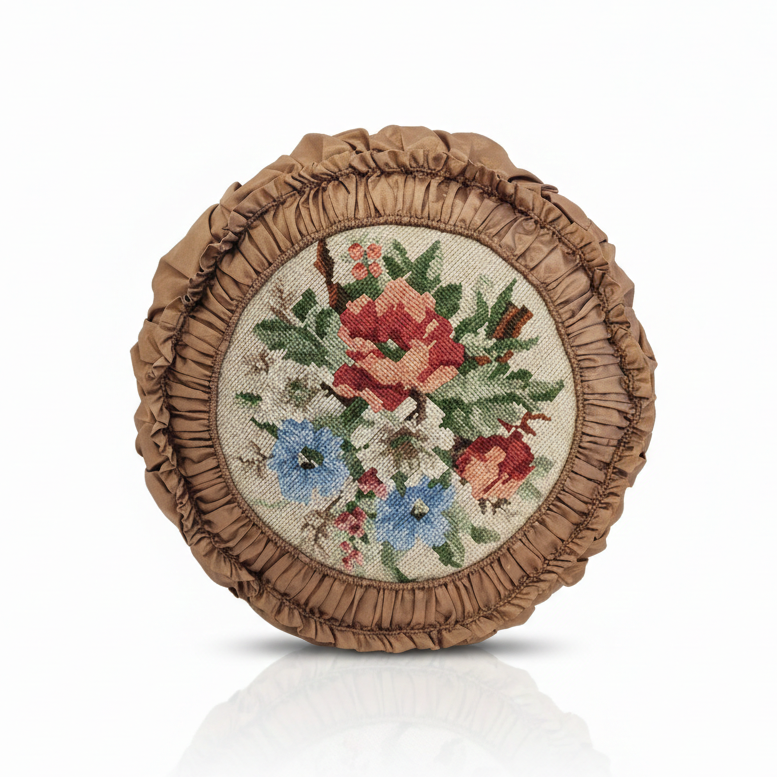 Vintage Embroidered Floral Throw Pillow: Beige Ruffled Cushion