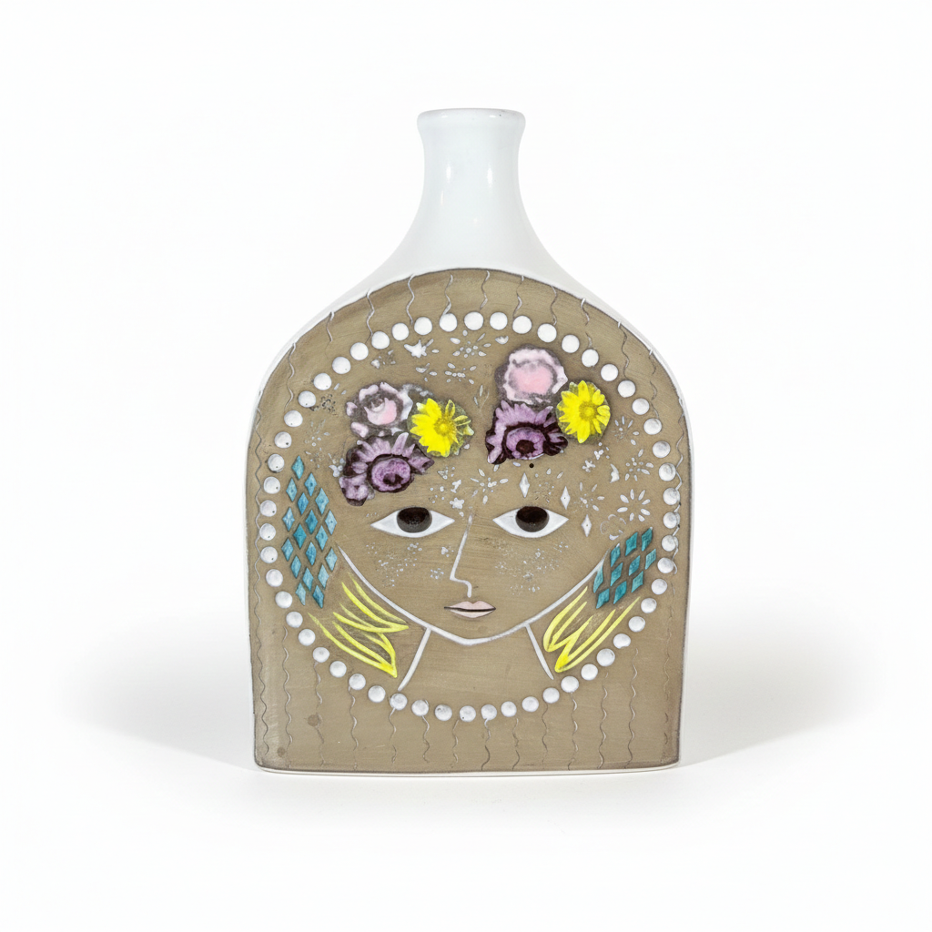 Mari Simmulson Bottle Vase – Upsala Ekeby, Sweden 1960s, authentic vintage ceramic with floral face design, timeless charm