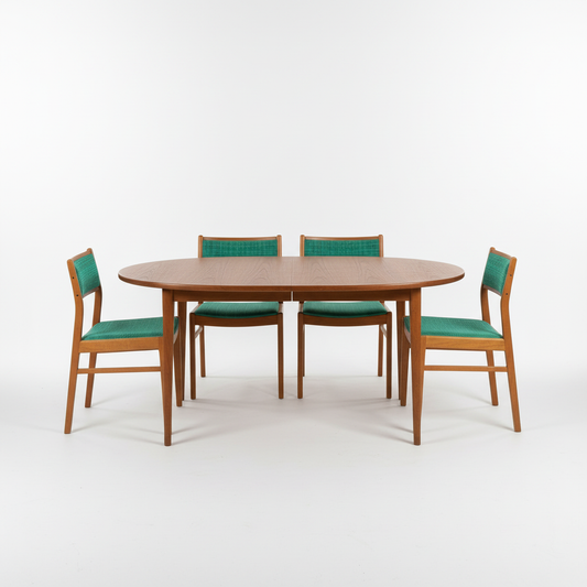 Mid-Century Modern Teak Dining Chairs – Set of 4, Original Emerald Green Fabric with authentic vintage timeless charm.