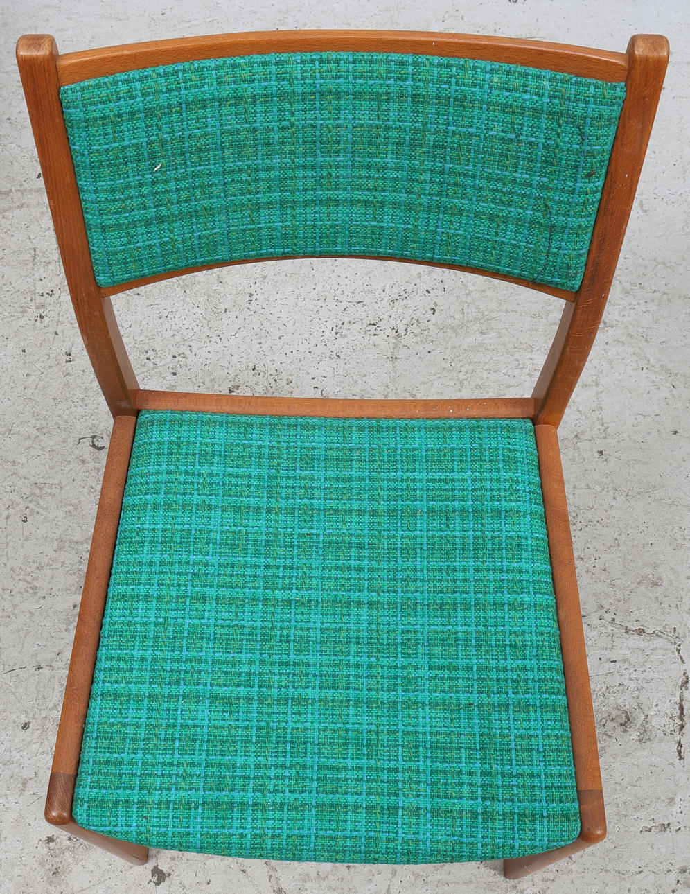 Mid-Century Modern Teak Dining Chairs – Set of 4, Original Emerald Green Fabric with authentic vintage Scandinavian charm, timeless appeal
