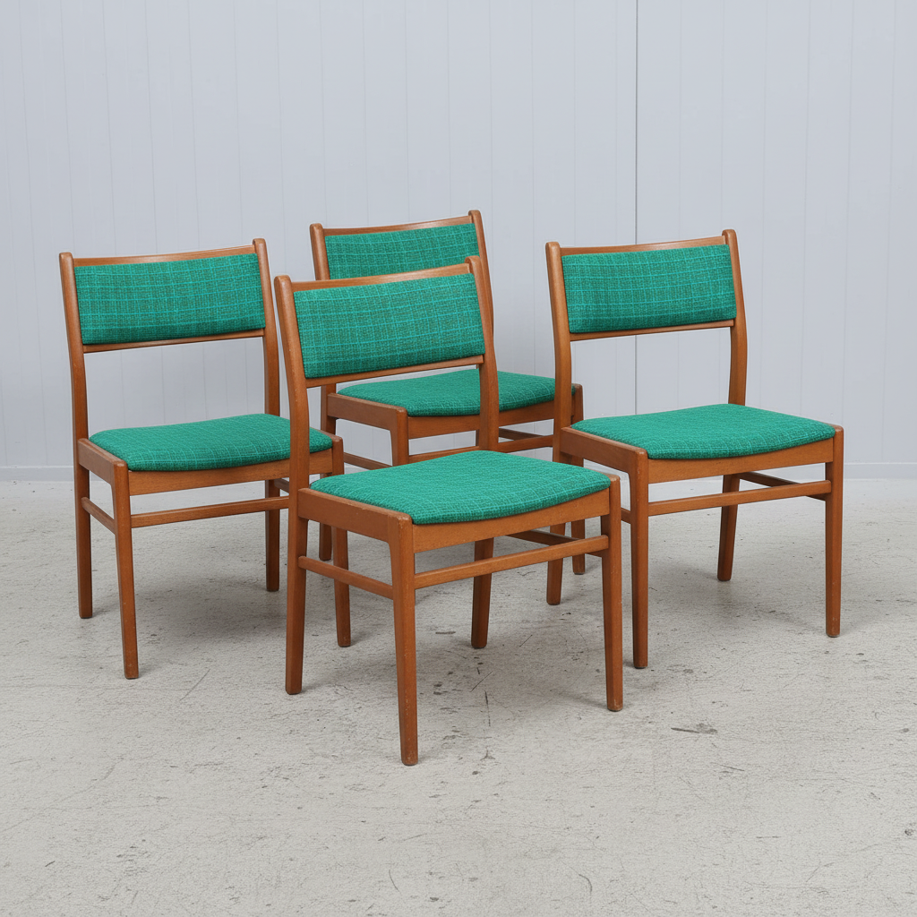 Mid-Century Modern Teak Dining Chairs – Set of 4, Original Emerald Green Fabric, authentic vintage, timeless charm.