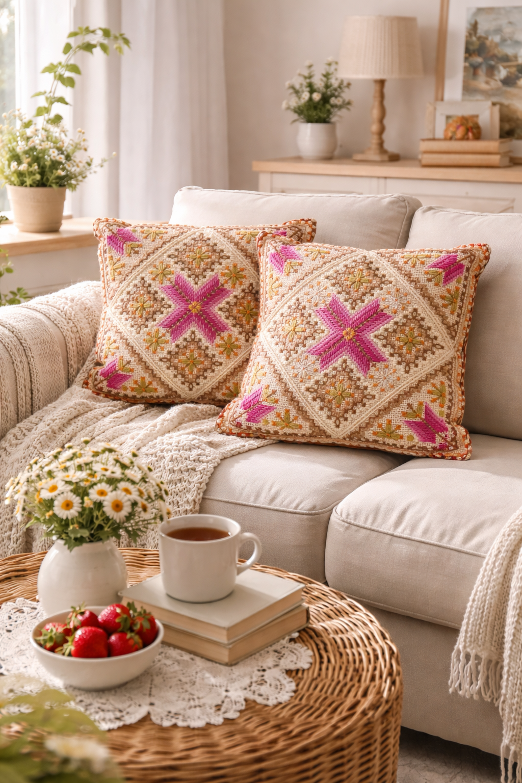 Vintage Needlepoint Cushion Pair – Scandinavian Cross-Stitch, 33×33 cm displayed on cozy sofa with timeless charm and mid-century modern style.