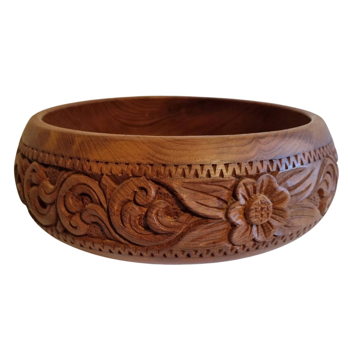 Hand Carved Teak Wood Bowl: Mid-Century Scandinavian Floral Centerpiece