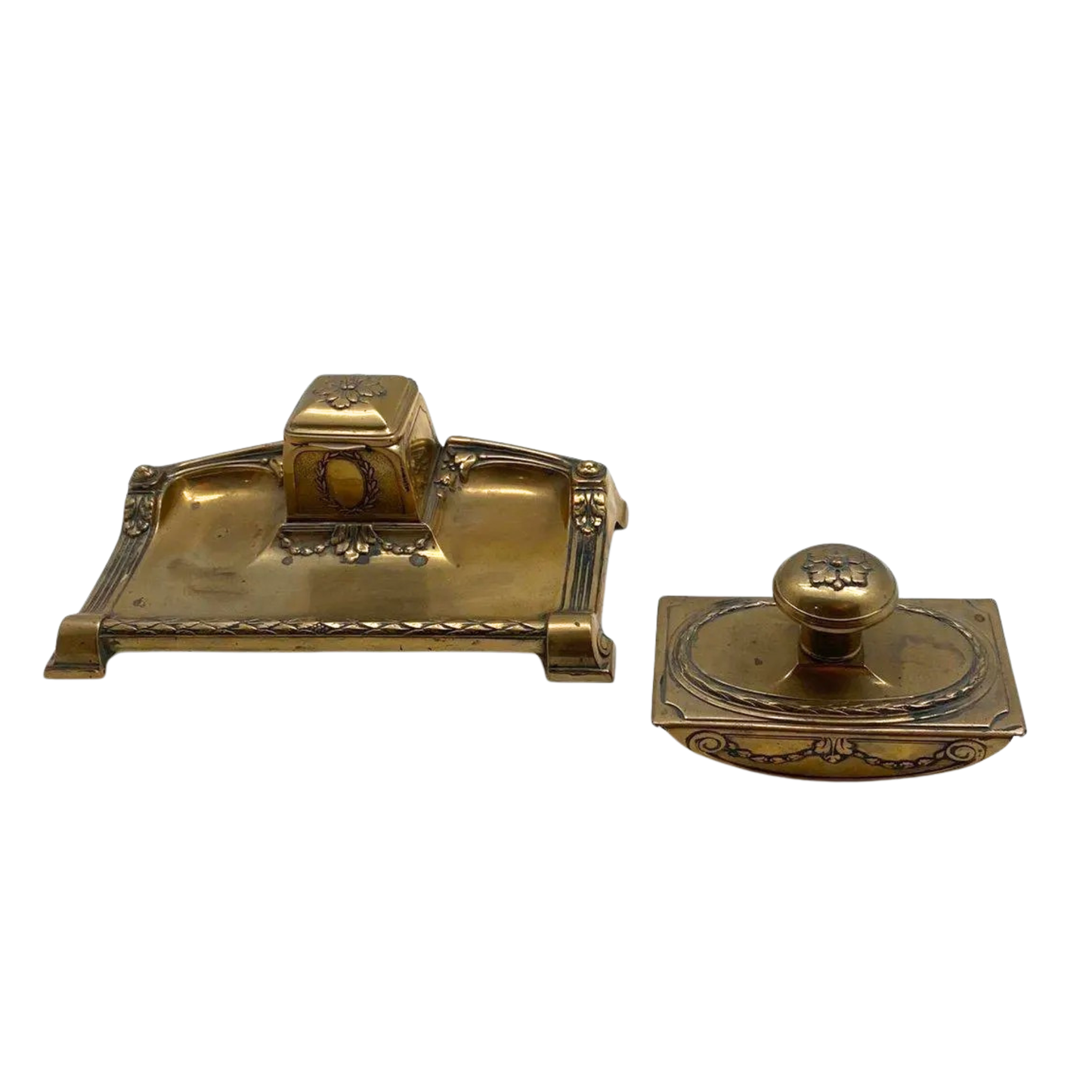 Art Nouveau Brass Desk Set - Elegant Office Accessory with Inkwell and Seal Press in decorative vintage design