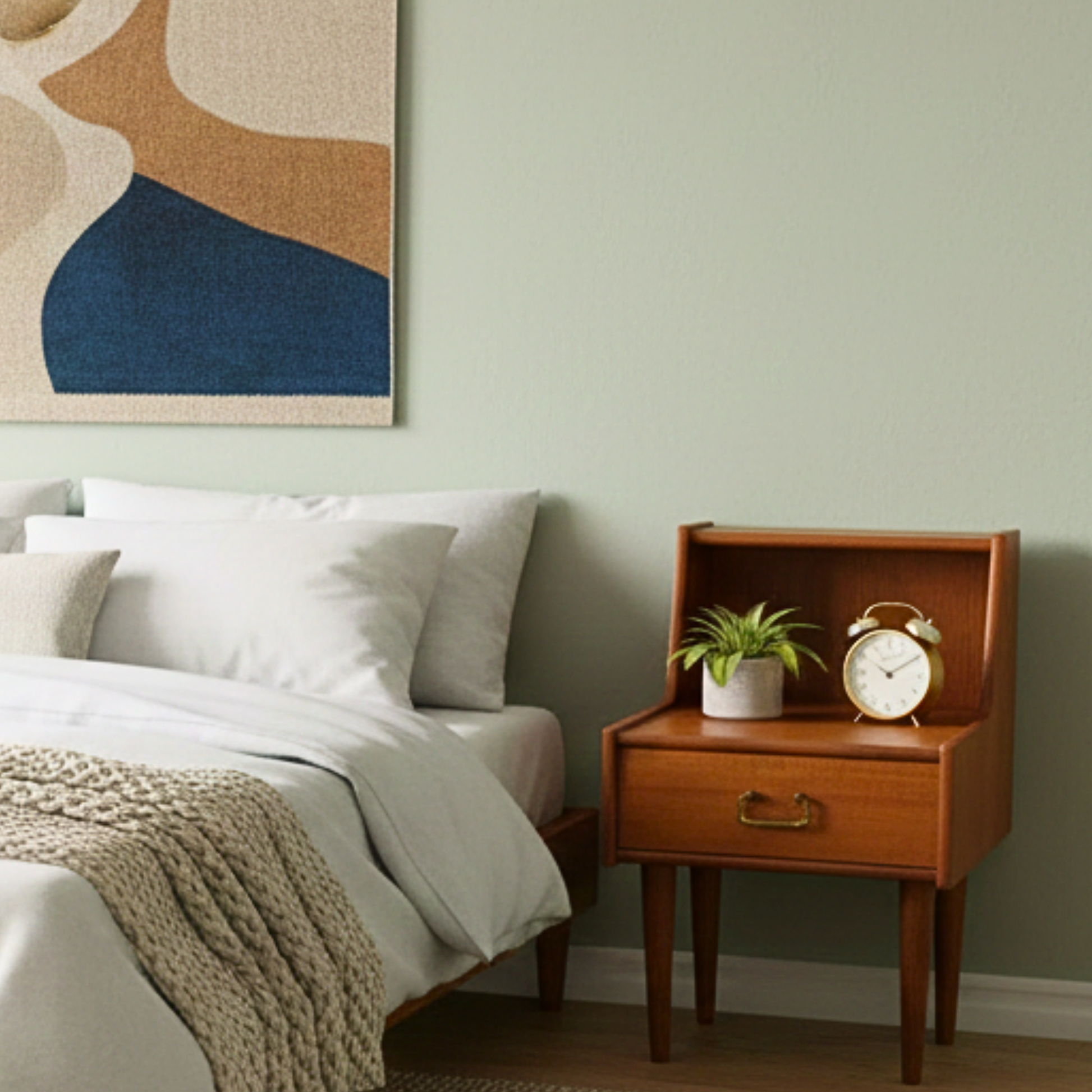Scandinavian Teak Nightstands with Double Top – Set of 2, 1965, styled in a cozy bedroom with modern decor.
