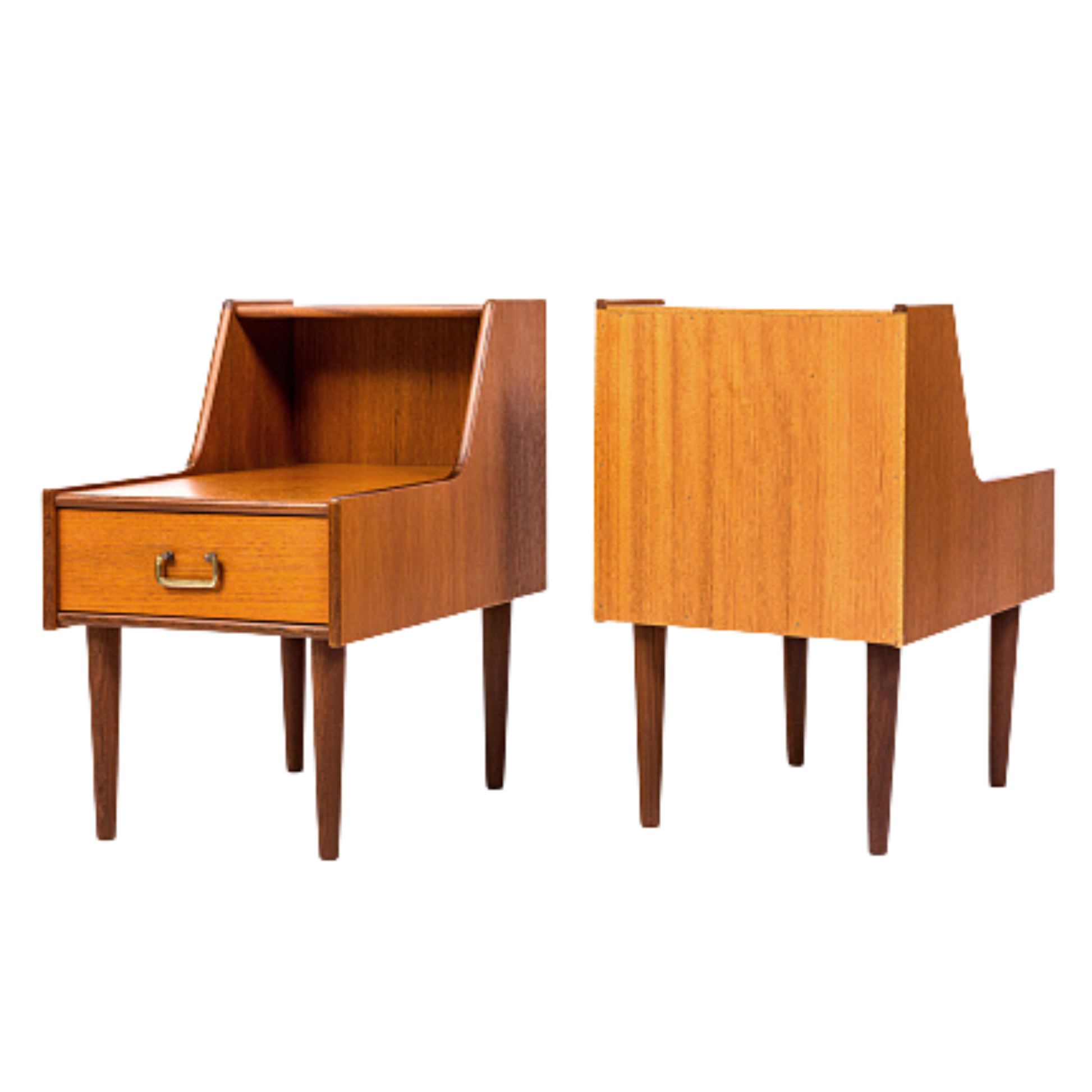 Scandinavian Teak Nightstands with Double Top – Set of 2, 1965, mid-century modern teak furniture with drawer and open shelf