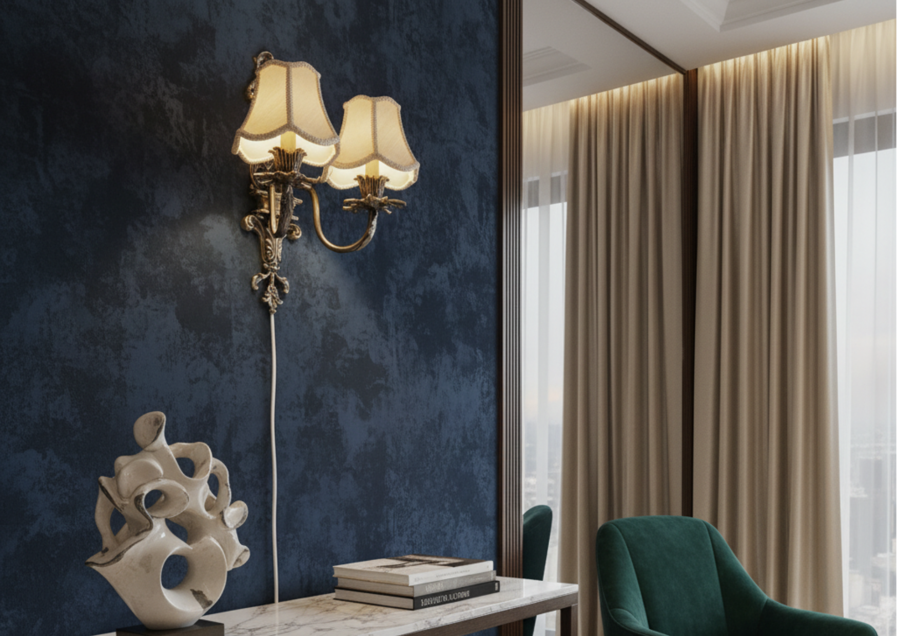 Vintage Brass Wall Sconce with Double Fabric Shades mounted above marble table, showcasing timeless charm in modern living space.