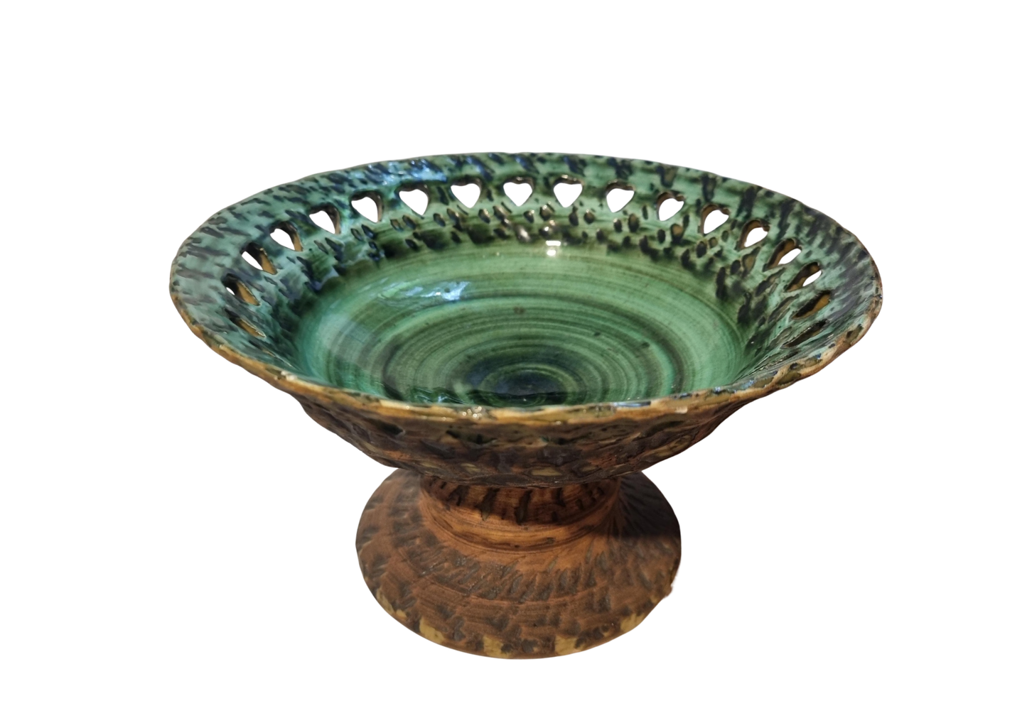 Mid Century Modern Green Ceramic Bowl: Tolla Keramik Heart Cutout Candle Holder with intricate heart-shaped cutouts and pedestal base