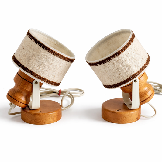 Pair of Pine Wall Sconces – Linen Drum Shade, Scandinavian Mid-Century, Sweden, 1970s