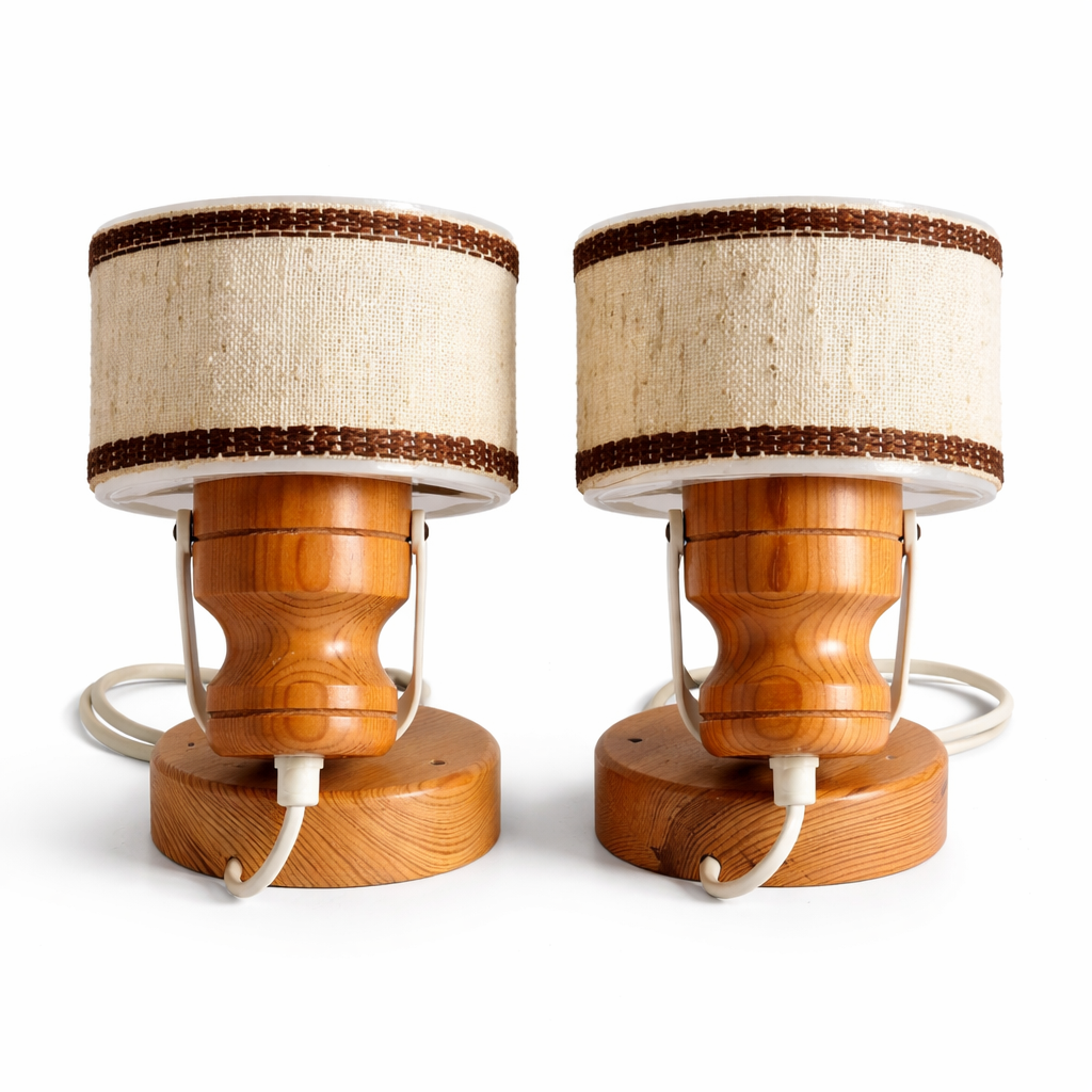 Pair of Pine Wall Sconces – Linen Drum Shade, Scandinavian Mid-Century, Sweden, 1970s