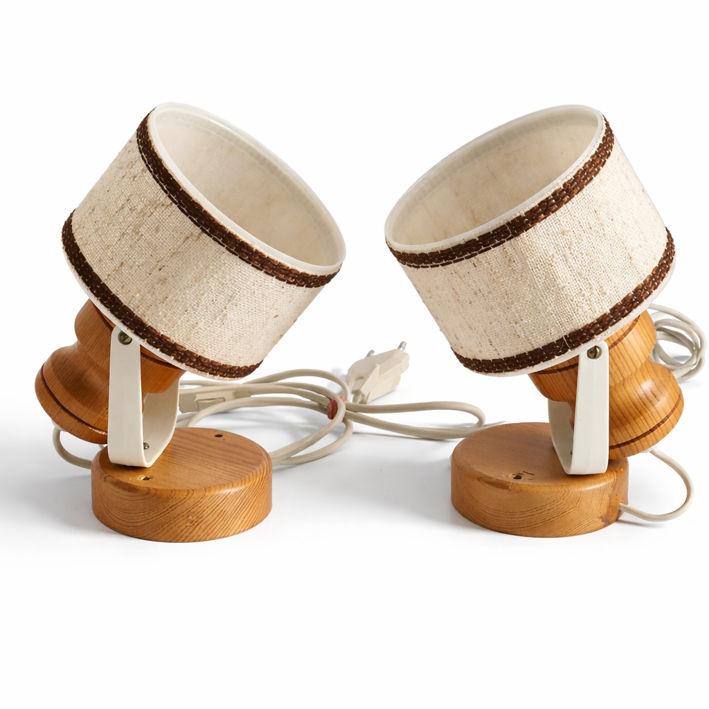 Pair of Pine Wall Sconces – Linen Drum Shade, Scandinavian Mid-Century, Sweden, 1970s