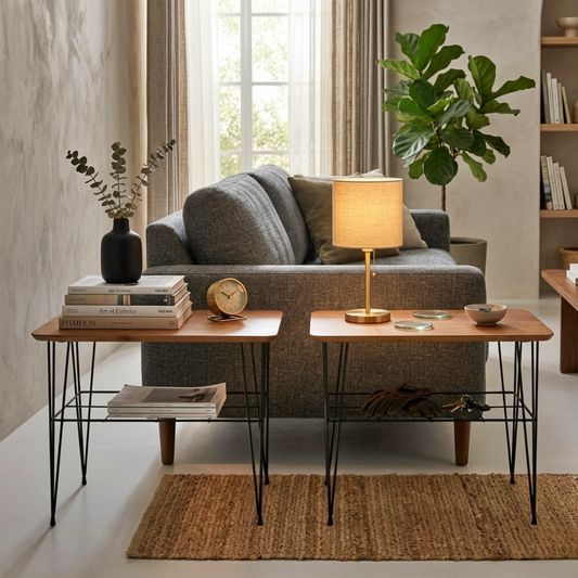 Pair of Scandinavian Teak & Iron Wire Side Tables with Magazine Rack – 1950s, authentic vintage, timeless charm, mid-century modern