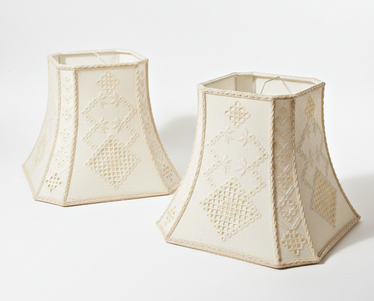 Vintage Hardanger Lace Lampshades – Cream Cottagecore Pair, 12 inch, authentic vintage with timeless charm and Scandinavian mid-century modern style.