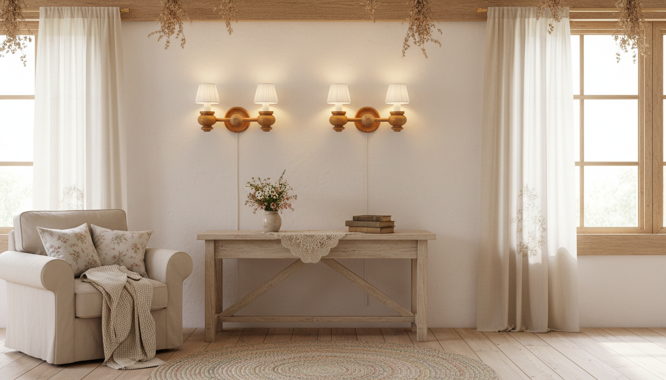 Vintage Scandinavian Pine Wall Lamps – Folk-Inspired Wooden Sconces, 1970s Pair with timeless charm in cozy living room setting.