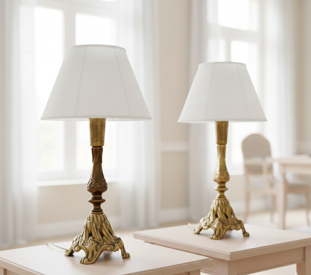 Pair of Vintage Solid Brass Table Lamps – Baroque Revival Ornate Brass Bases with timeless charm, authentic vintage one-of-a-kind pieces