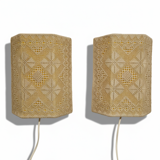 Vintage Swedish Crochet Wall Sconce Pair – Mid-Century Boho Lace Lighting with timeless charm, authentic vintage Scandinavian decor.