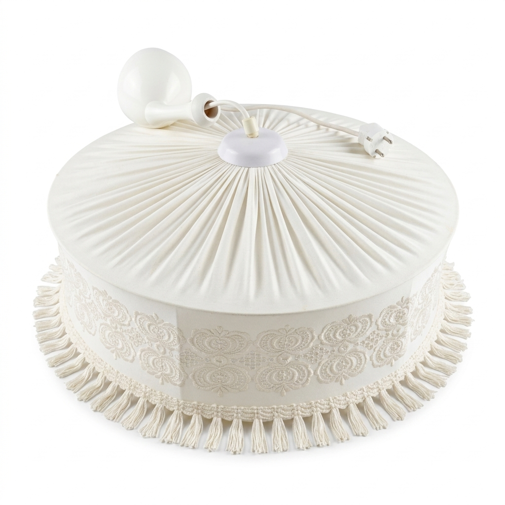 Vintage Scandinavian Pendant Lamp – Embroidered Fabric Shade, Mid-Century Ceiling Light