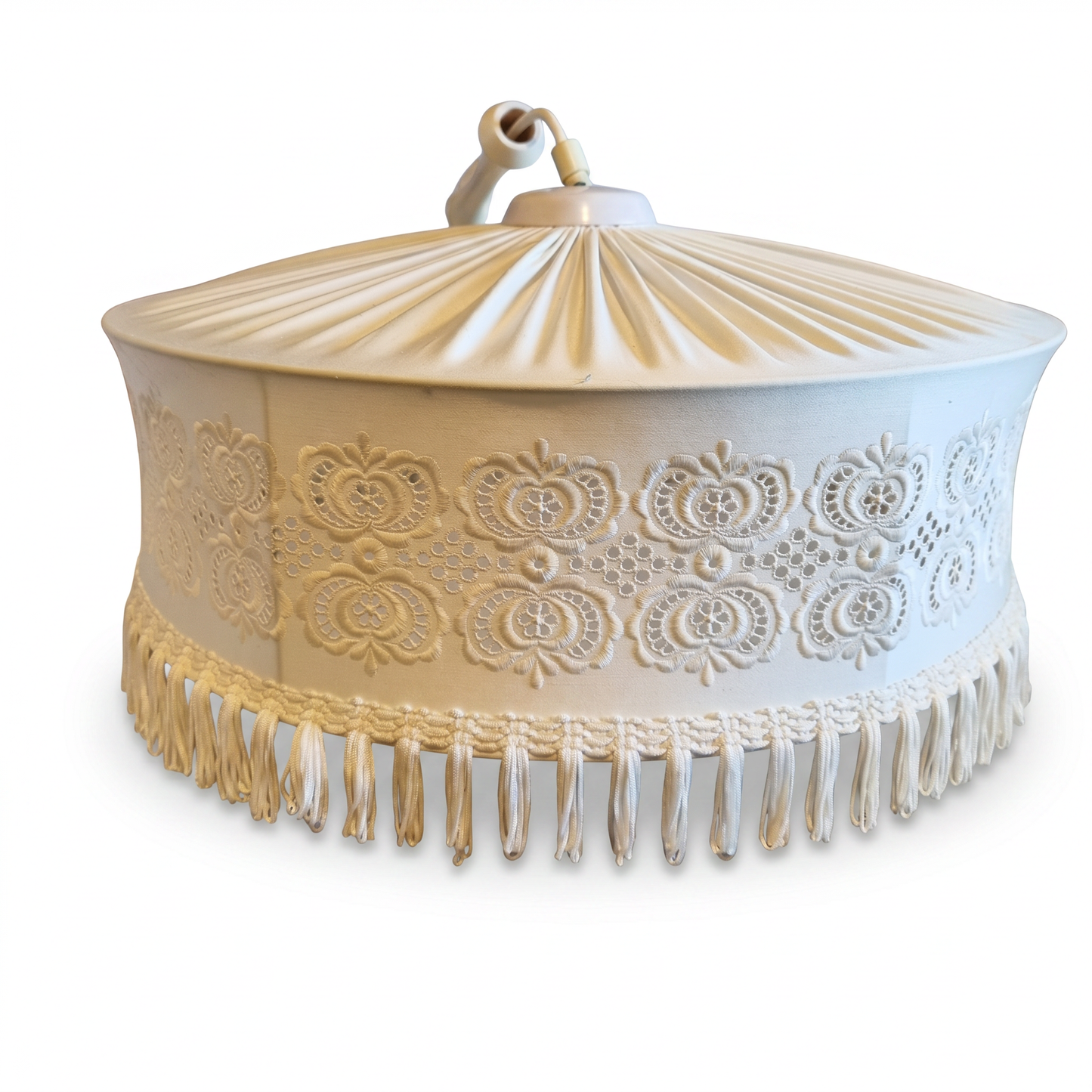 Vintage Scandinavian Pendant Lamp – Embroidered Fabric Shade, Mid-Century Ceiling Light
