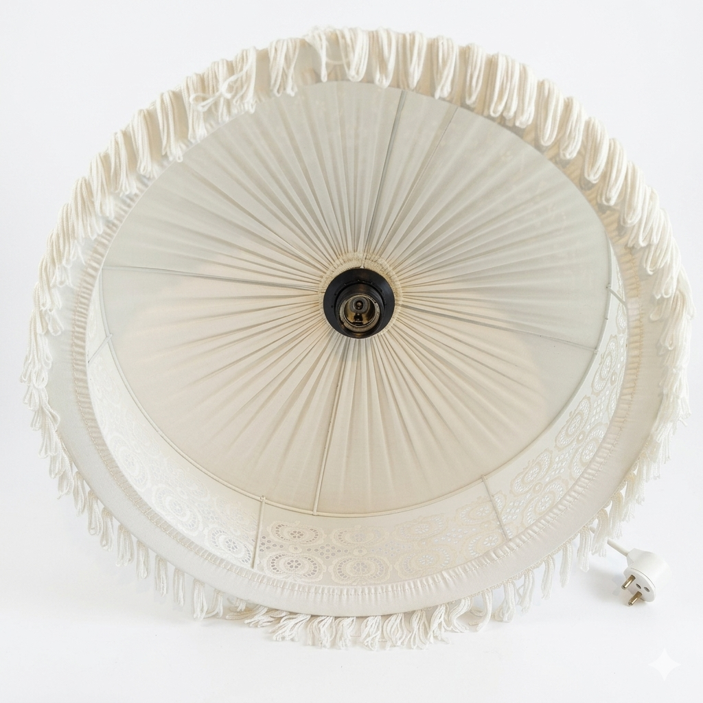Vintage Scandinavian Pendant Lamp – Embroidered Fabric Shade, Mid-Century Ceiling Light