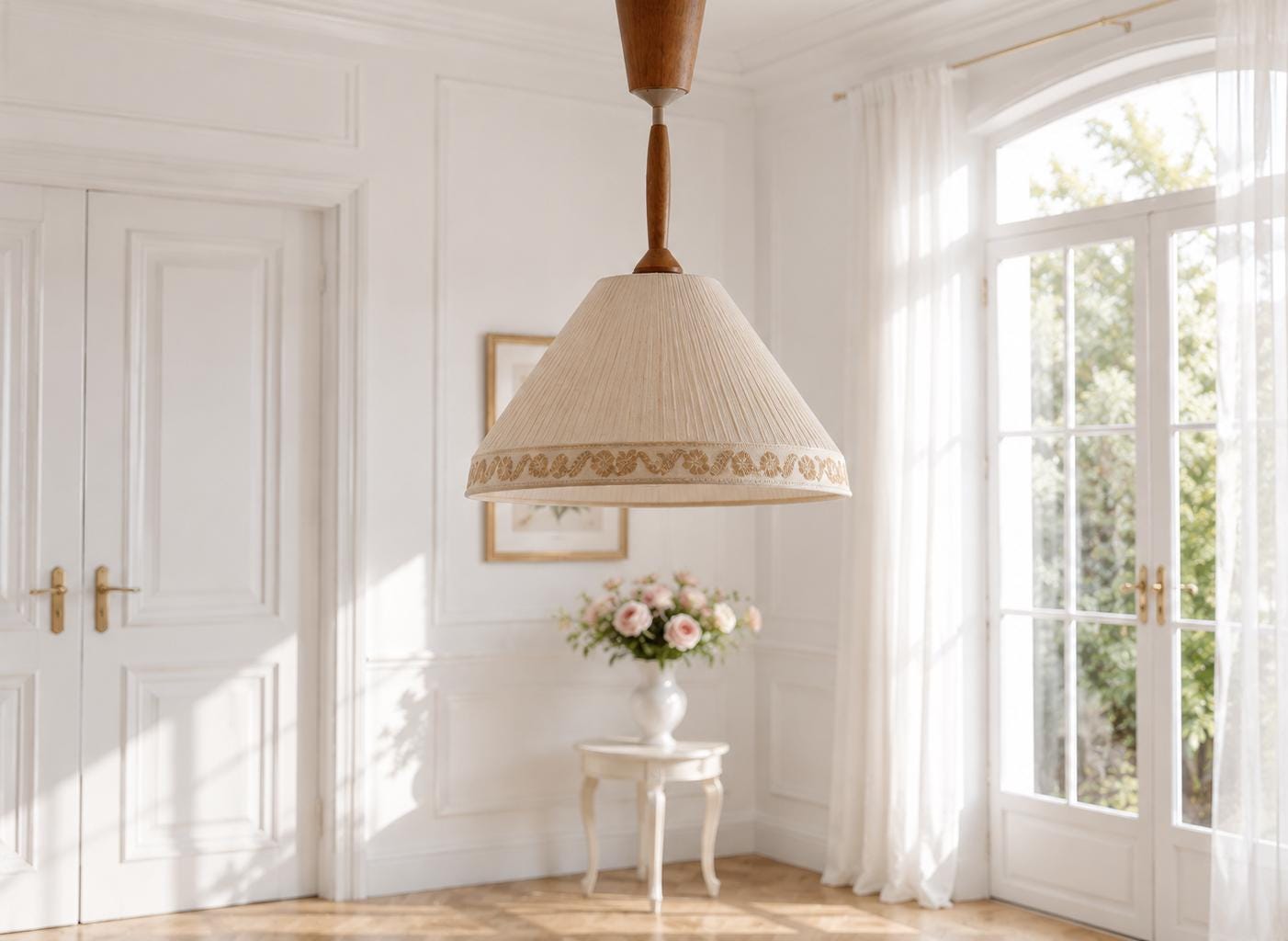 Teak Pendant Lamp, Fabric Shade with Floral Trim, Mid Century Modern, Scandinavian 1960s __etsy:8195323485