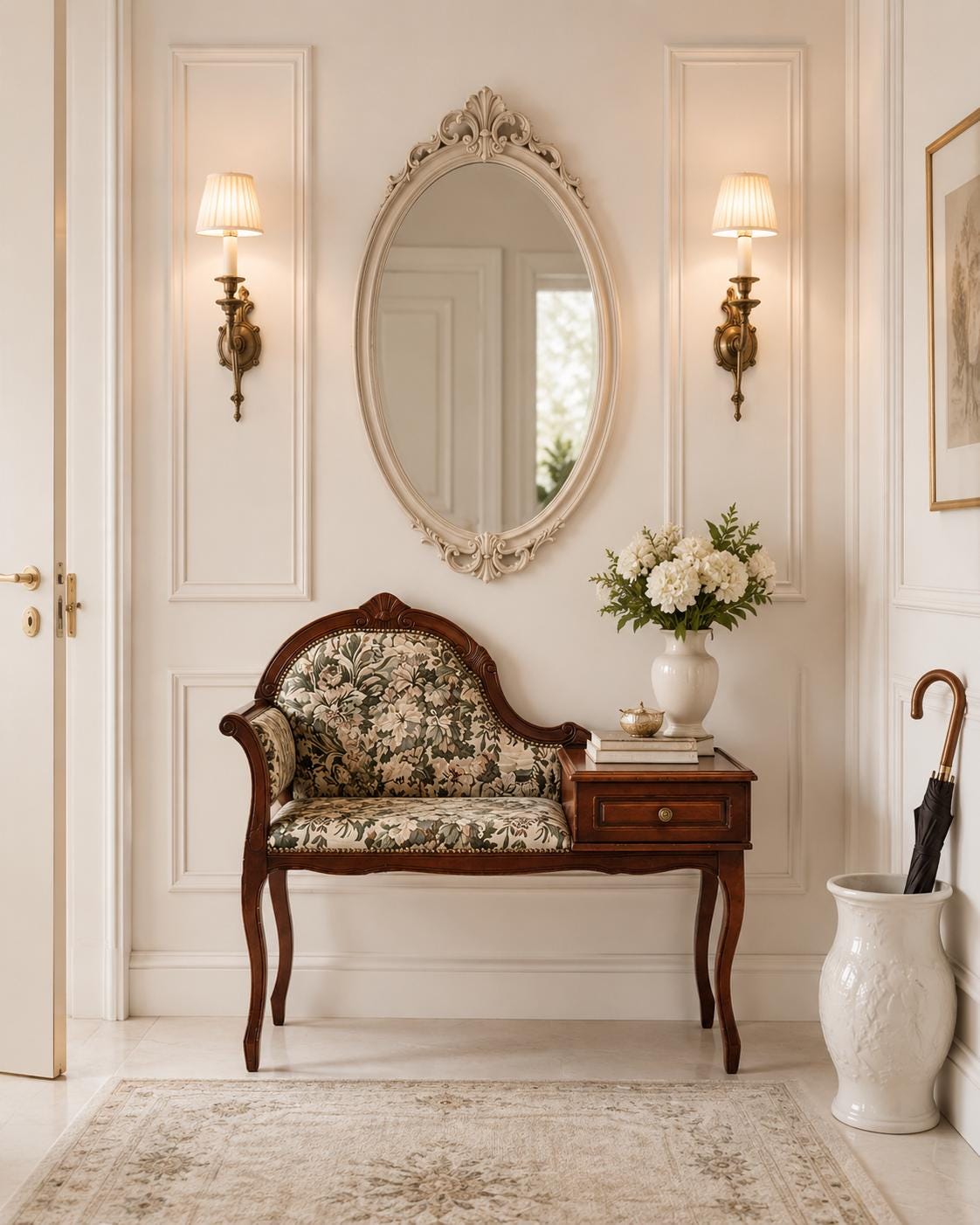 Telephone Bench with Drawer, Gossip Seat, Carved Wood Floral Tapestry, French Louis XV, Sweden __etsy:8146388510