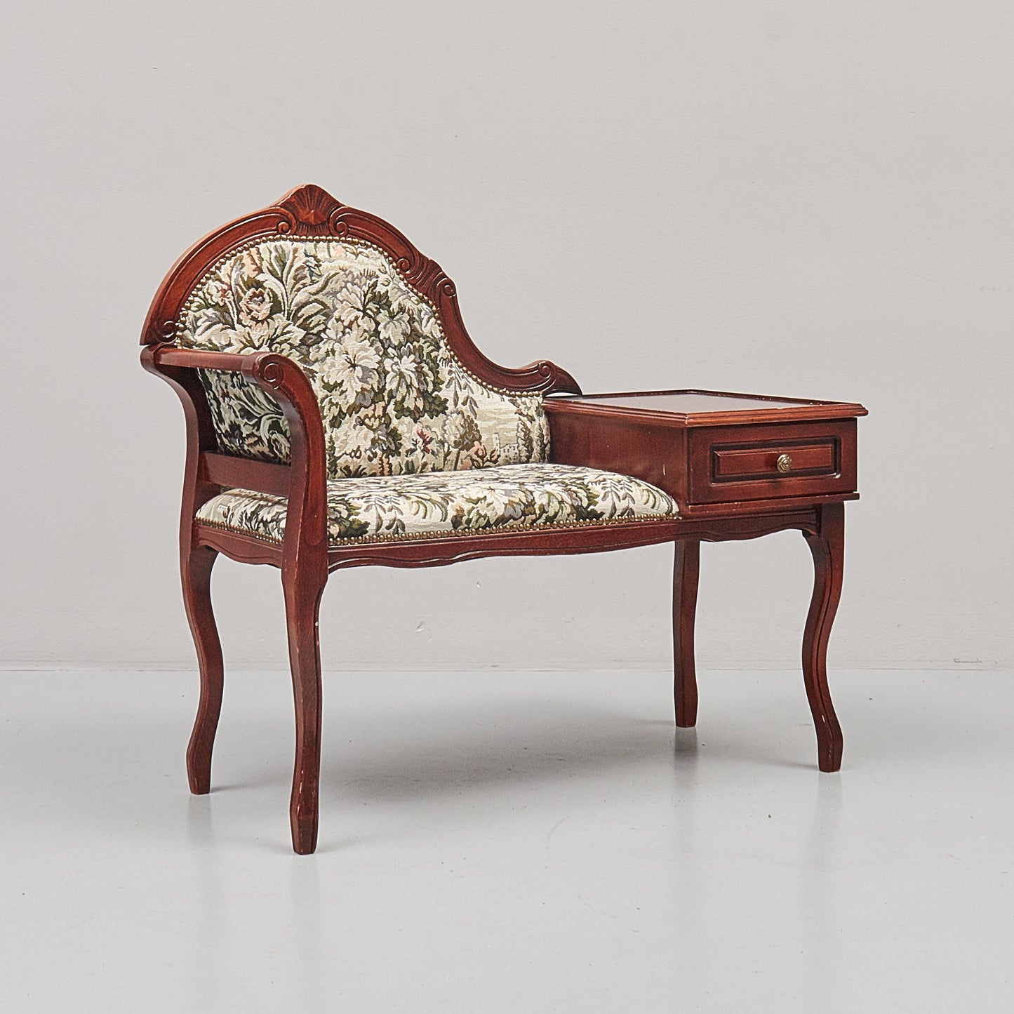 Telephone Bench with Drawer, Gossip Seat, Carved Wood Floral Tapestry, French Louis XV, Sweden __etsy:8194284393