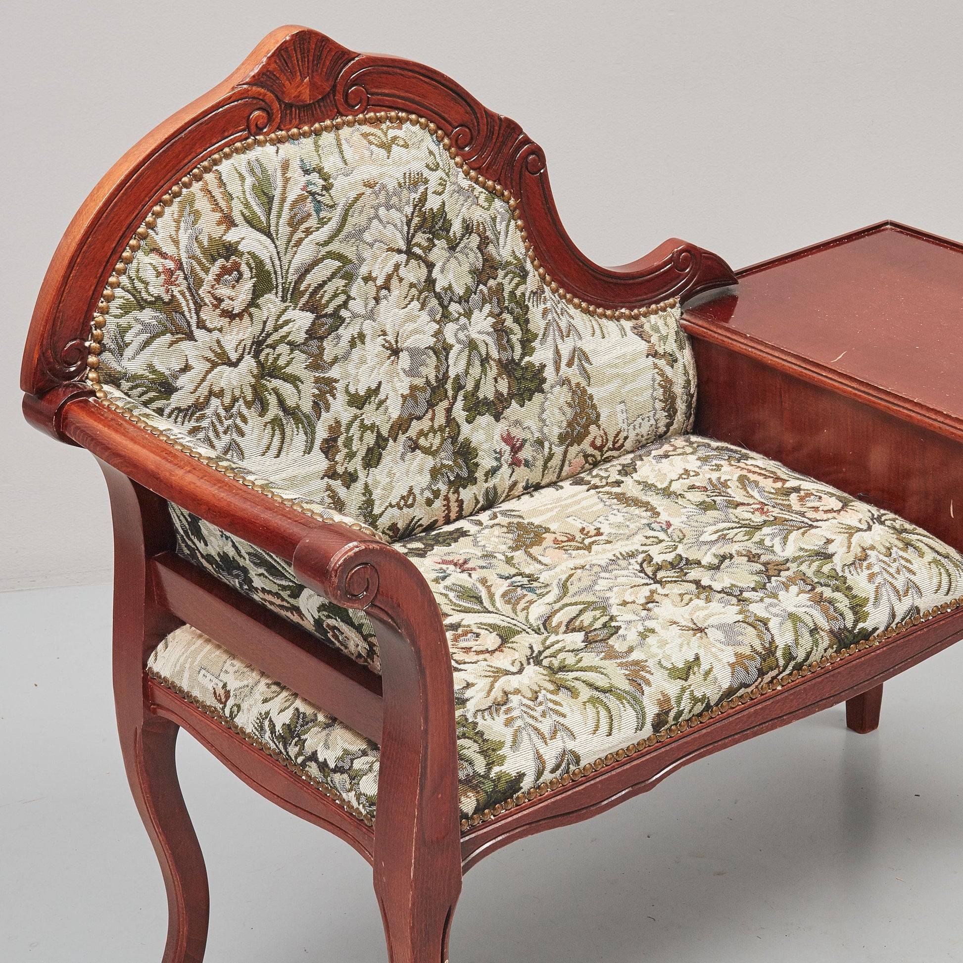 Telephone Bench with Drawer, Gossip Seat, Carved Wood Floral Tapestry, French Louis XV, Sweden __etsy:8146379760