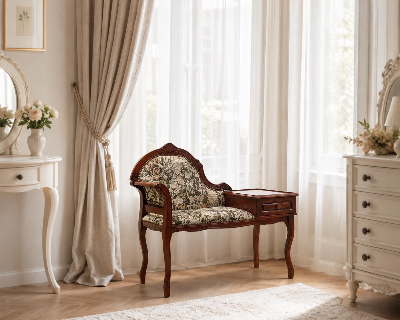 Telephone Bench with Drawer, Gossip Seat, Carved Wood Floral Tapestry, French Louis XV, Sweden __etsy:8194287093