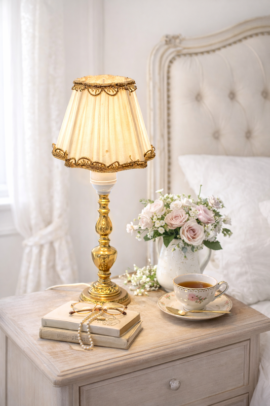 Vintage Brass Table Lamp with Fabric Shade – Elegant Decorative Lighting on bedside table with flowers and tea, timeless charm.