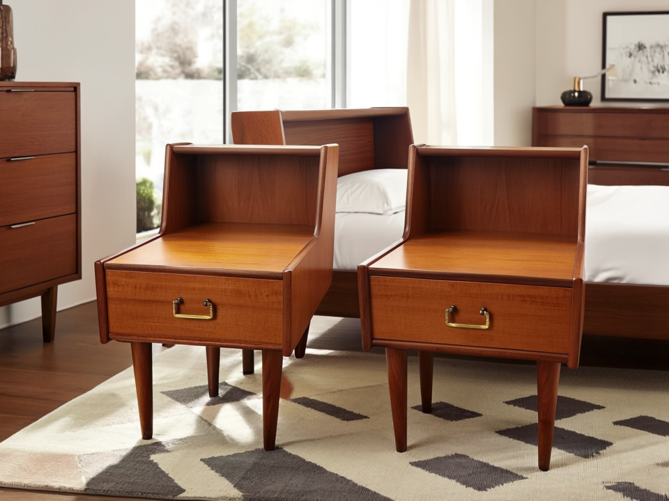 Two Scandinavian Teak Nightstands with Double Top – Set of 2, 1965 in a stylish mid-century bedroom setting