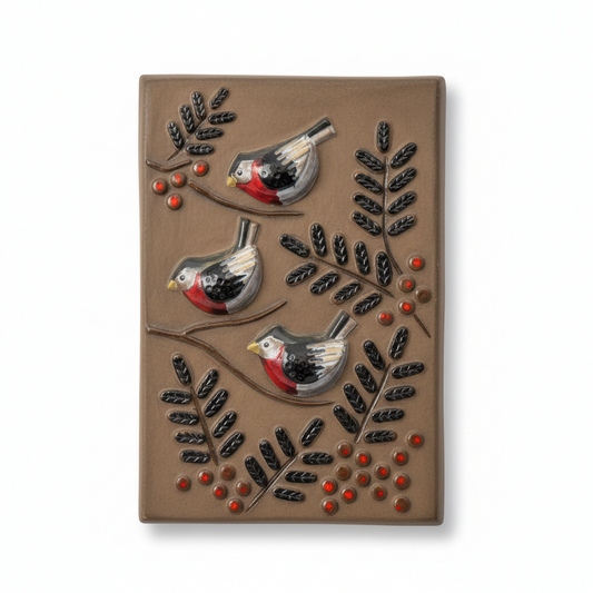 Vintage Ceramic Birds Wall Plaque – Scandinavian Mid-Century Wall Art featuring three birds with red berries and black leaves, timeless charm.