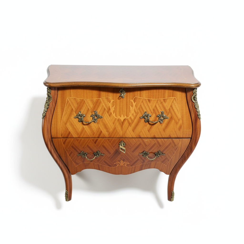 Vintage Console Chest of Drawers in Louis XV Style, Intarsia Veneer, Brass Hardware, authentic vintage, timeless charm