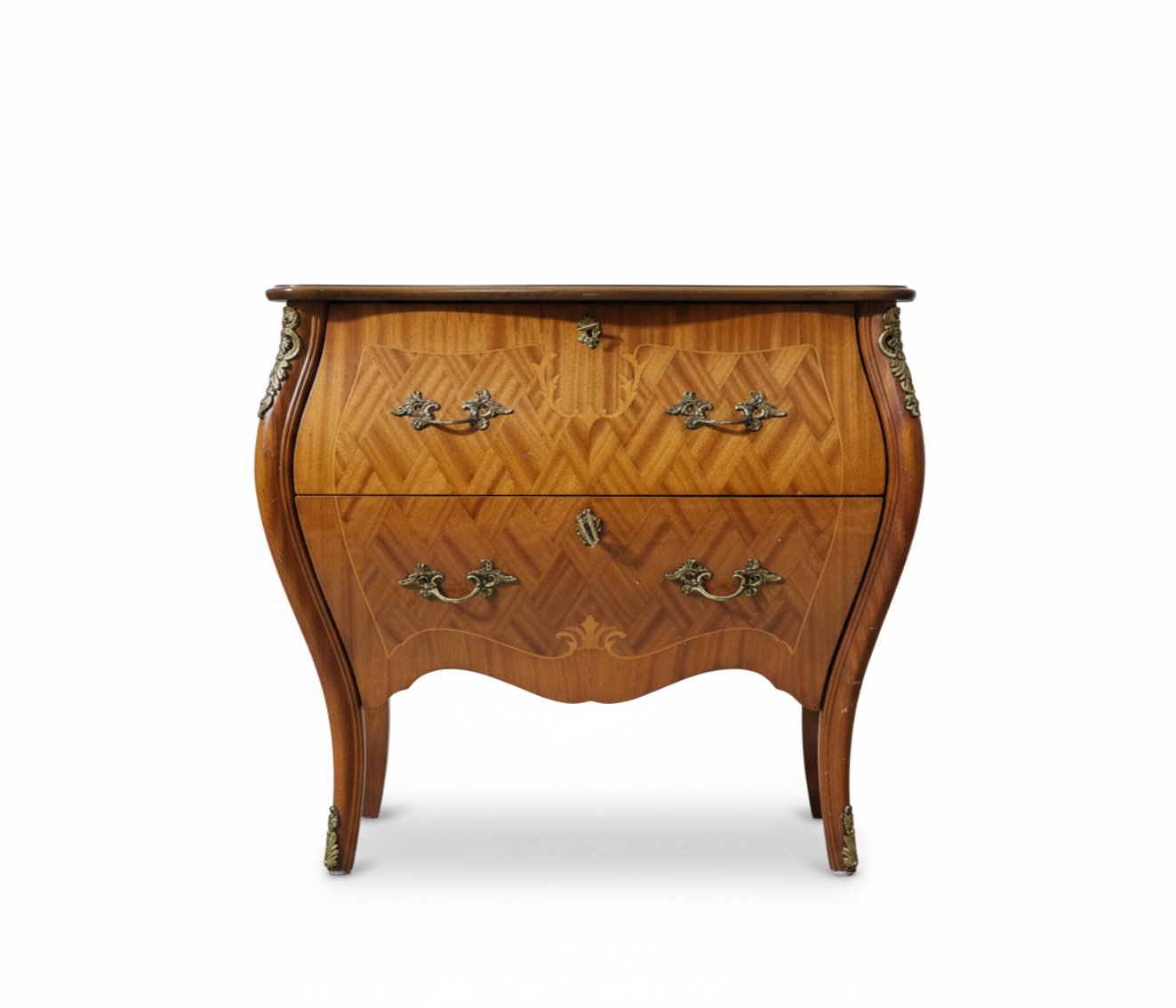 Vintage Console Chest of Drawers in Louis XV Style, Intarsia Veneer, Brass Hardware with timeless charm and authentic vintage appeal
