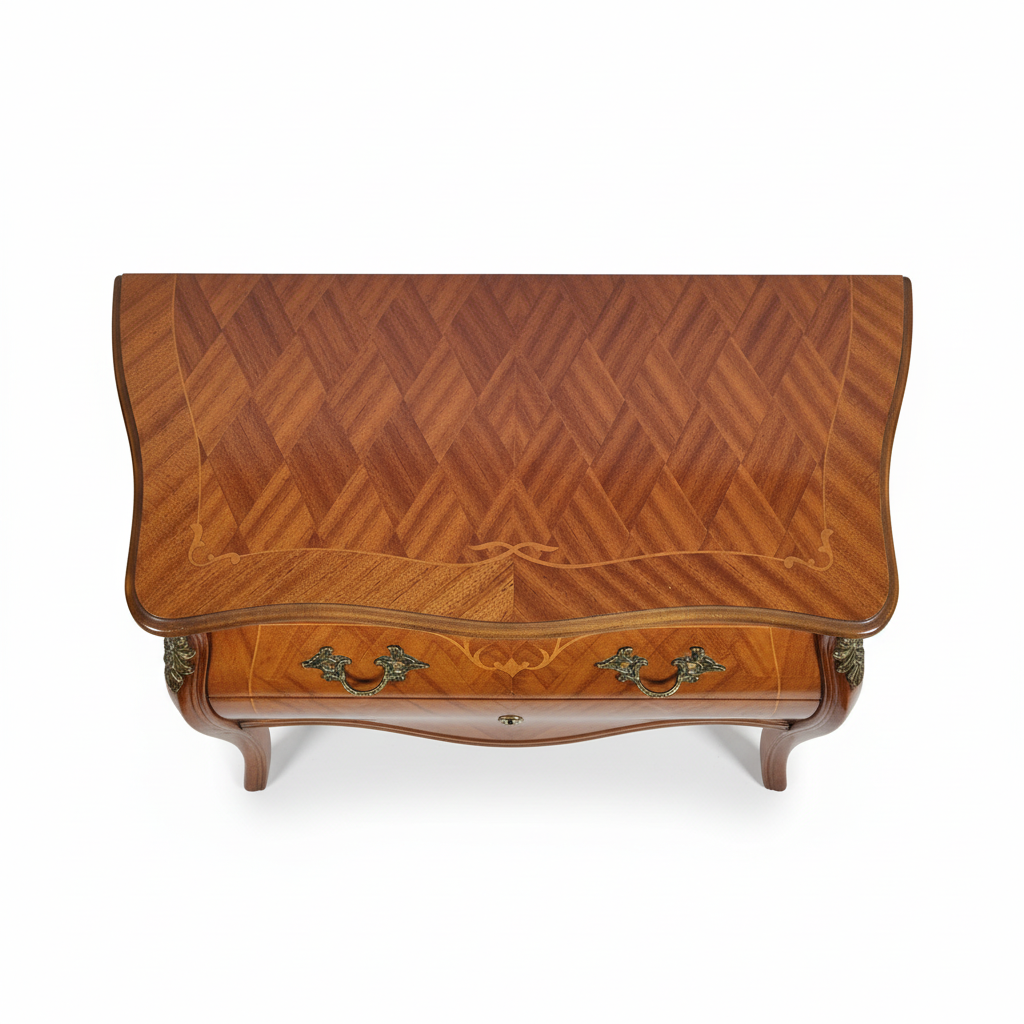 Vintage Console Chest of Drawers in Louis XV Style, Intarsia Veneer, Brass Hardware, authentic vintage, timeless charm
