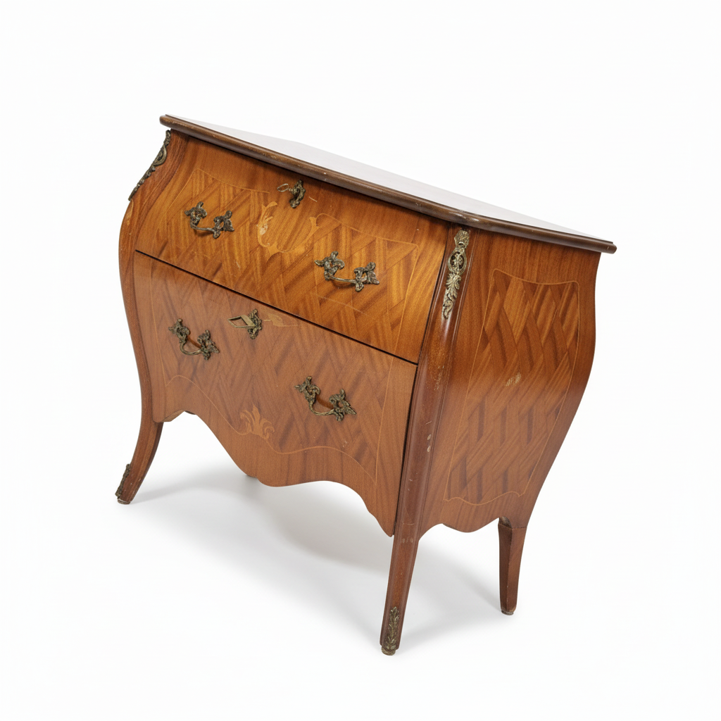 Vintage Console Chest of Drawers in Louis XV Style, Intarsia Veneer, Brass Hardware, authentic vintage, timeless charm