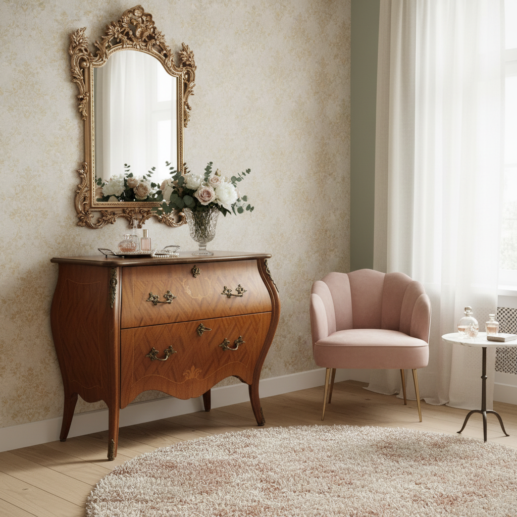 Vintage Console Chest of Drawers in Louis XV Style, Intarsia Veneer, Brass Hardware with timeless charm in a cozy elegant room setting