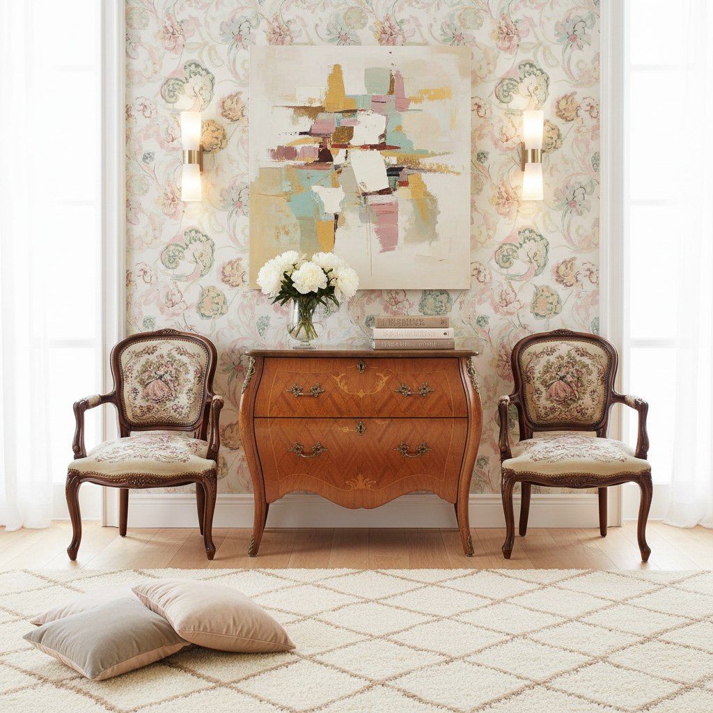 Vintage Console Chest of Drawers in Louis XV Style, Intarsia Veneer, Brass Hardware with two antique chairs, timeless charm.