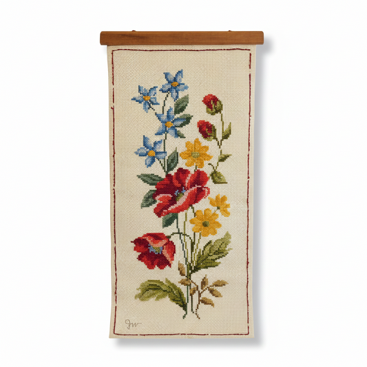 Vintage Embroidered Floral Wall Scroll - Rustic Cross Stitch Flower Tapestry - Cottagecore Botanical Decor