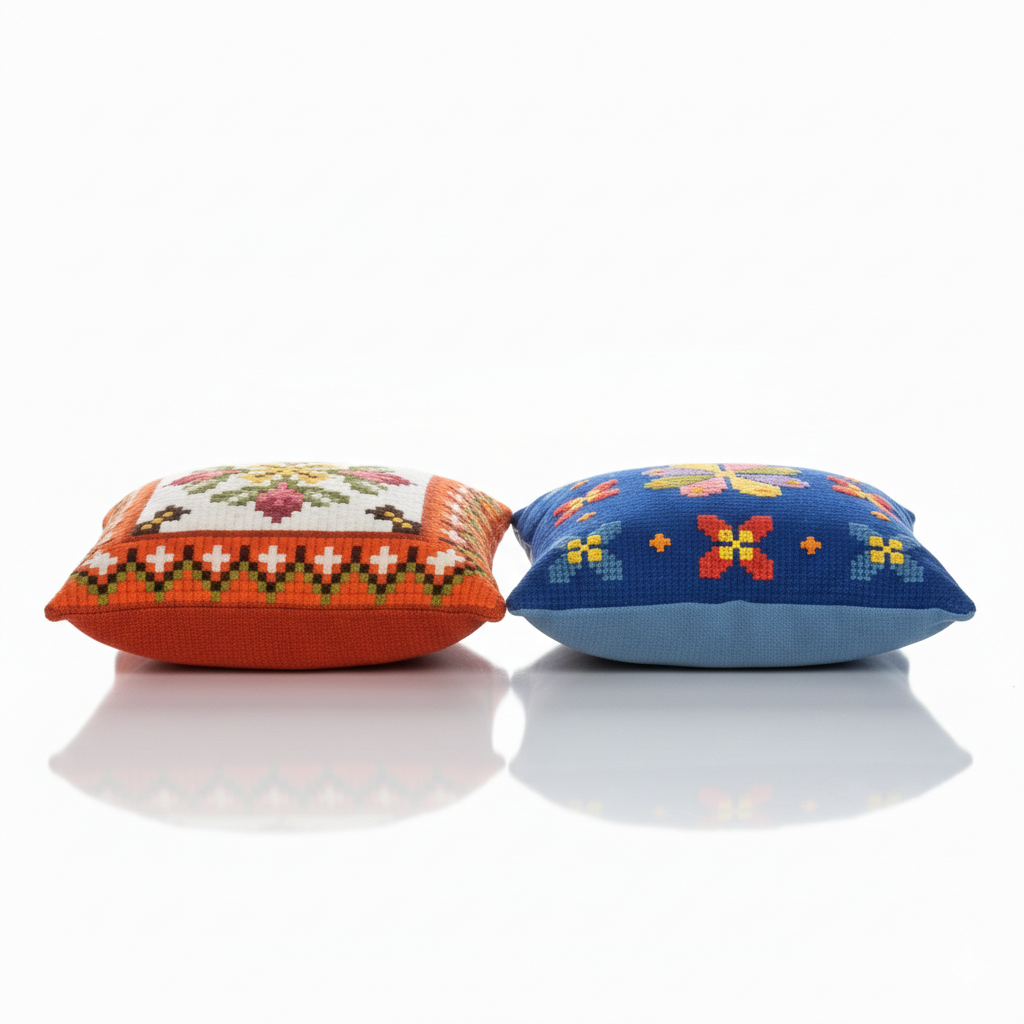 Vintage Hand Embroidered Needlepoint Cushion – Scandinavian Folk Floral Pattern, Retro Colour Pop Pillow