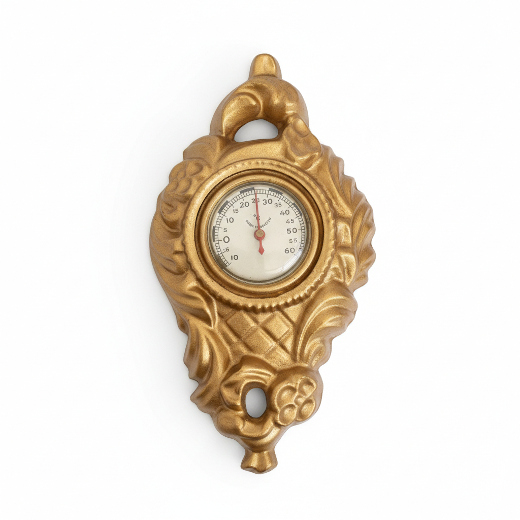 Vintage Neo-Baroque Wall Thermometer: Gold Cast Metal, Made in Sweden, authentic vintage piece with timeless charm and Scandinavian mid-century modern style
