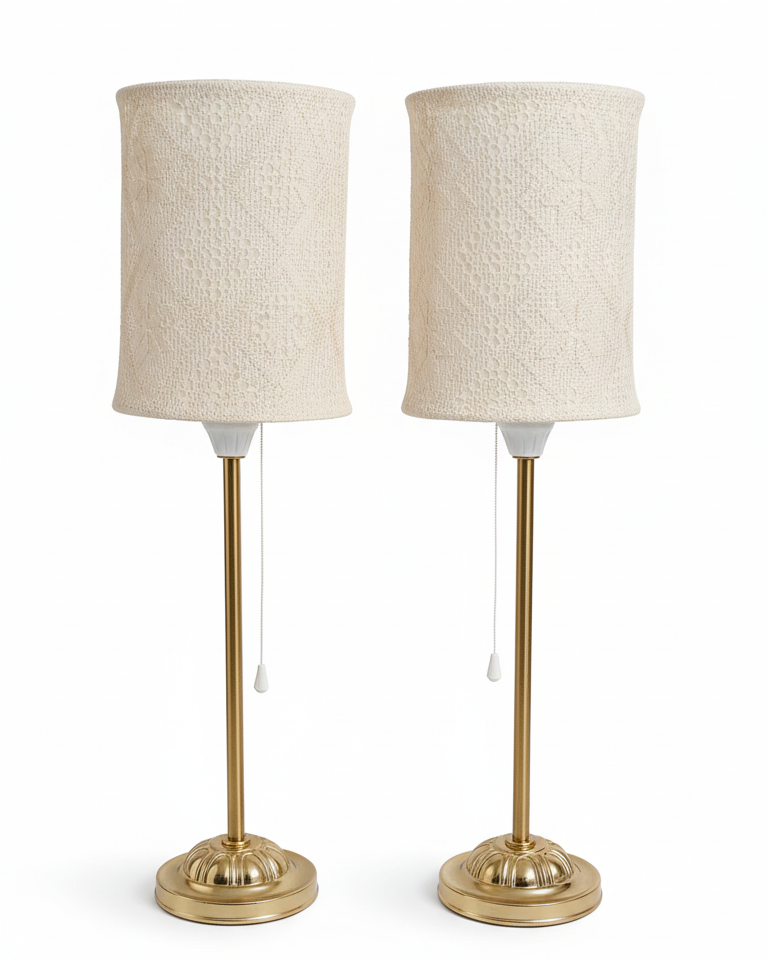 Vintage Pair of Brass Table Lamps with Lace Pattern Shades – Mid Century Bedside Lamps – Cottagecore Romantic Lighting Set