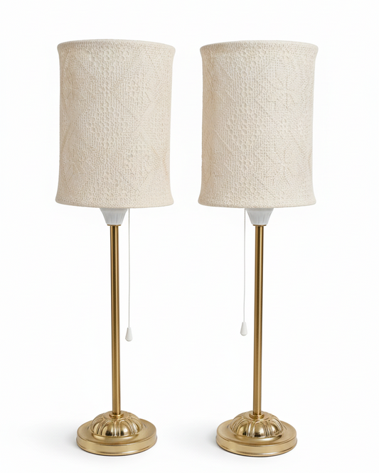 Vintage Pair of Brass Table Lamps with Lace Pattern Shades – Mid Century Bedside Lamps – Cottagecore Romantic Lighting Set