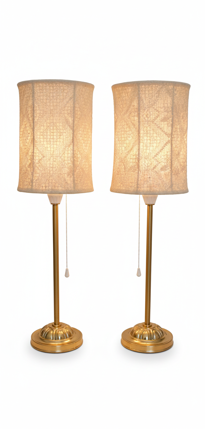 Vintage Pair of Brass Table Lamps with Lace Pattern Shades – Mid Century Bedside Lamps – Cottagecore Romantic Lighting Set