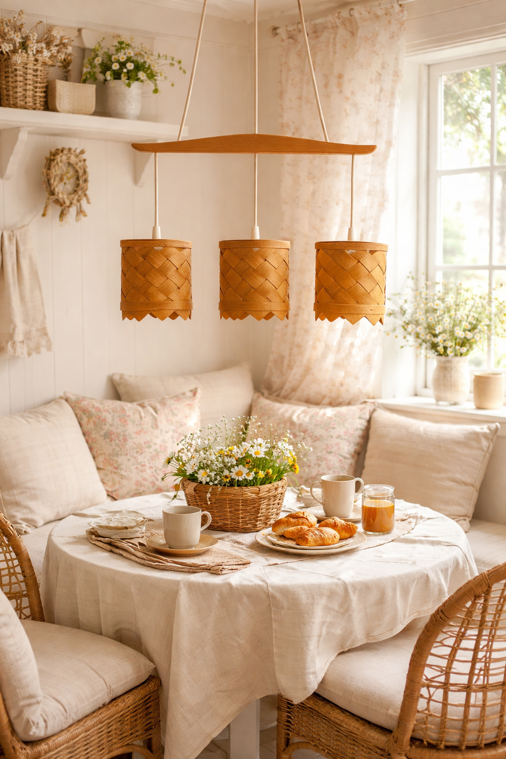 Vintage Handwoven Pine Pendant Lamp – Sweden 1960s-70s Mid-Century Modern with timeless charm in a cozy Scandinavian setting