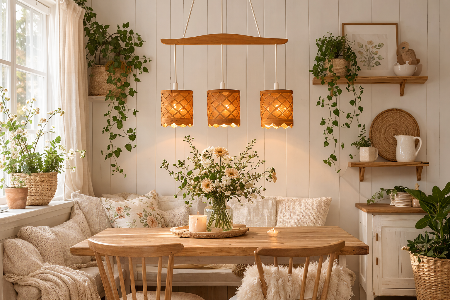 Vintage Handwoven Pine Pendant Lamp – Sweden 1960s-70s Mid-Century Modern in cozy Scandinavian dining room, timeless charm, authentic vintage
