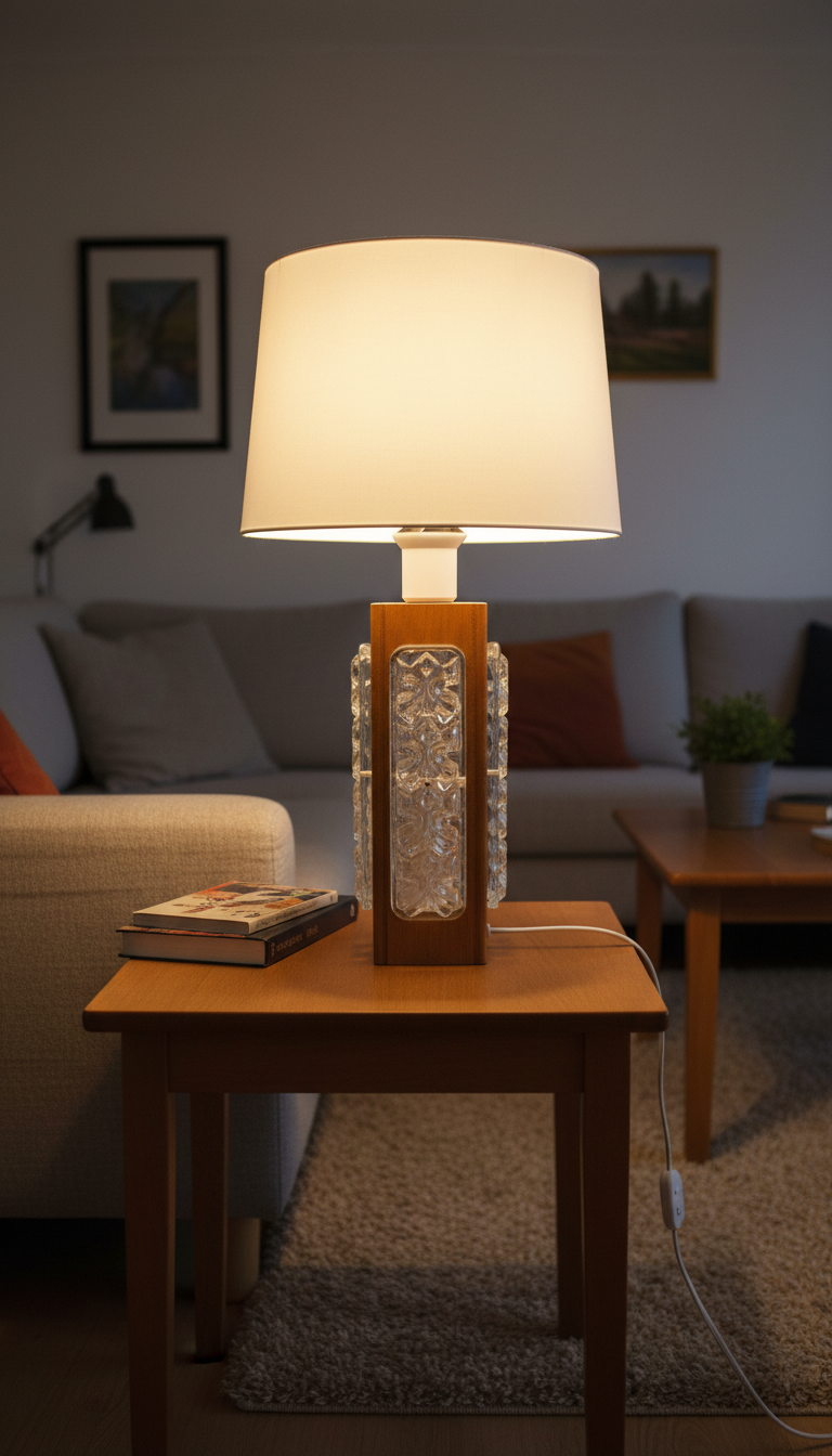 Vintage Scandinavian Mid-Century Teak Table Lamp with Textured Orrefors Glass – 1960s, authentic vintage, timeless charm.