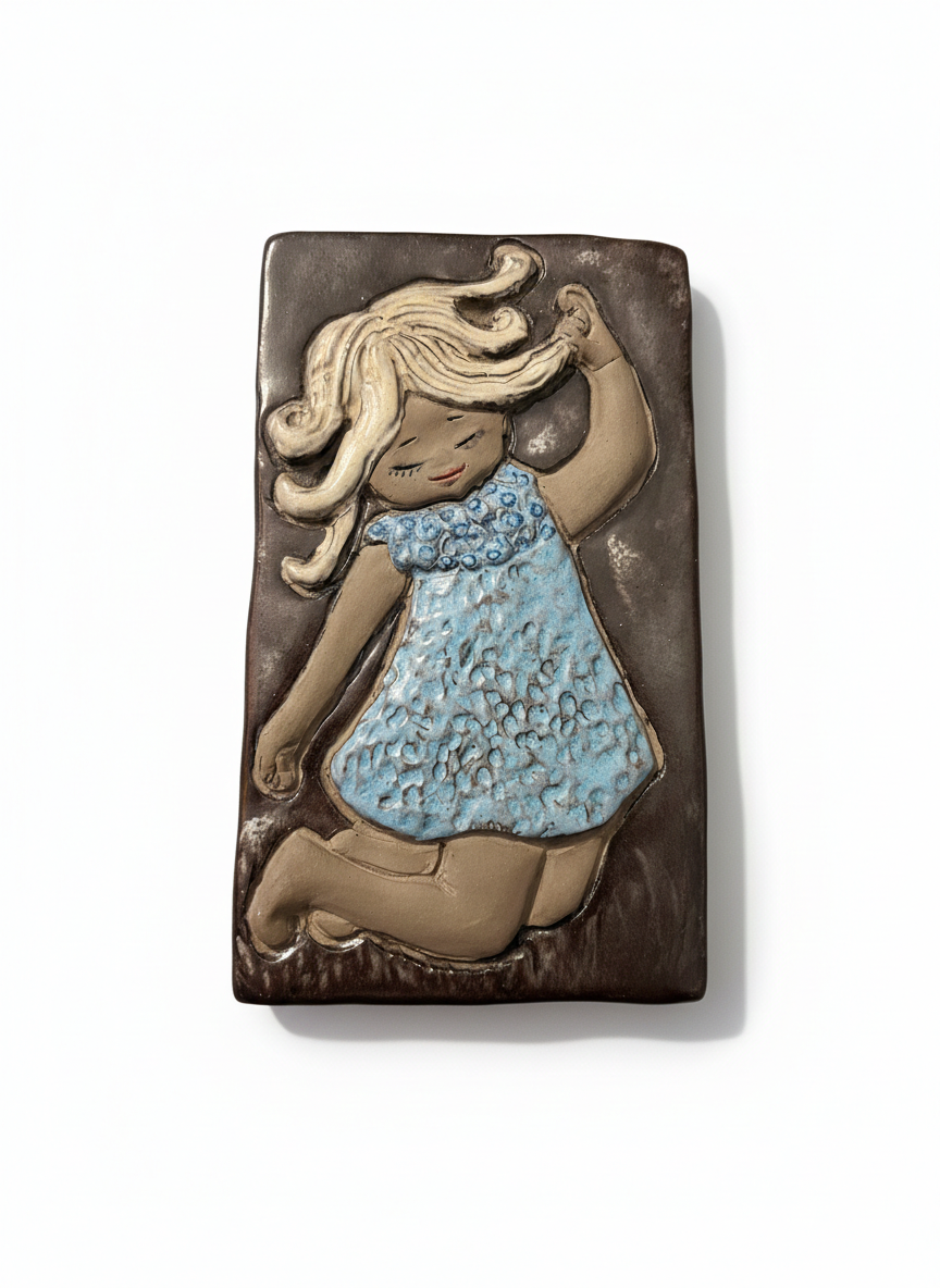 Swedish Ceramic Wall Plaque – Girl Relief, Signed JM, Mid-Century, authentic vintage Scandinavian mid-century modern charm.