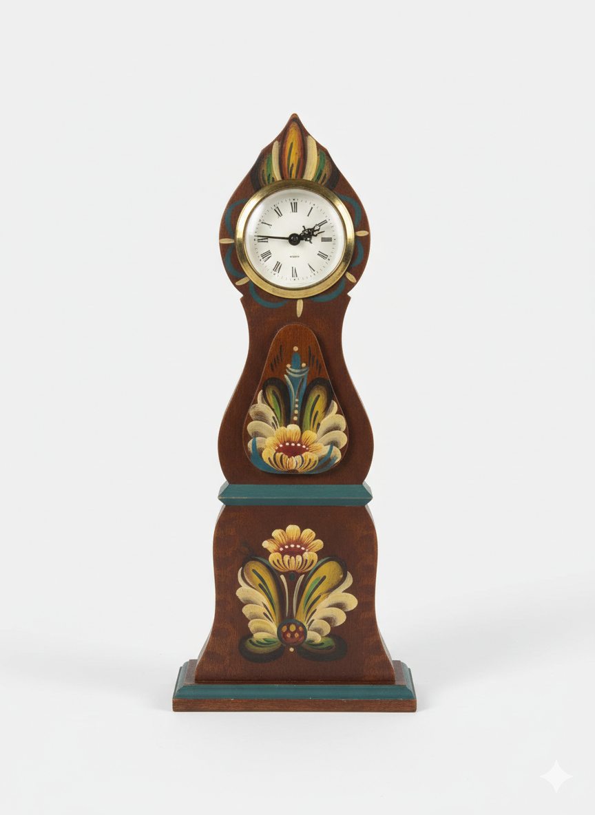 Vintage Swedish Mora-Style Wooden Clock – Hand-Painted Rosemaling Folk Art with authentic vintage Scandinavian charm and timeless design.
