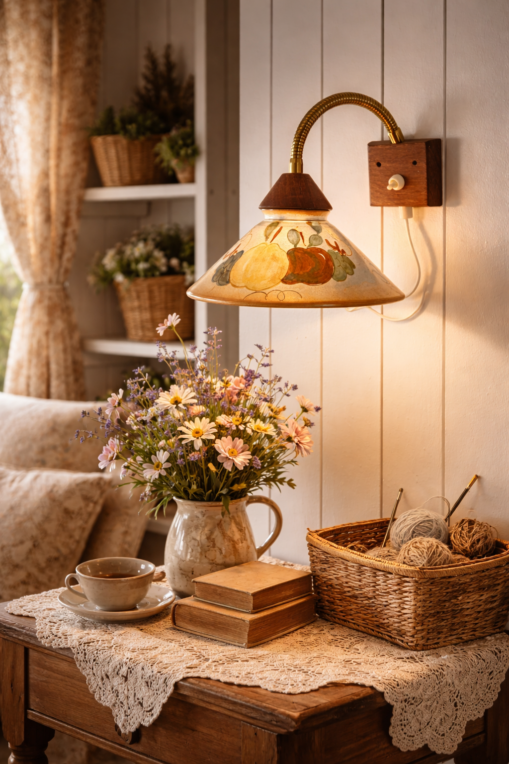 Vintage Wall Lamp with Hand-Painted Fruit Design – Adjustable Gooseneck Light adds timeless charm to cozy vintage Scandinavian decor.